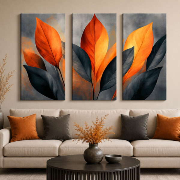 Turuncu Dekoratif Yapraklar Kanvas Duvar Tablosu - 3'lü Canvas Tablo Seti - VOOV6053