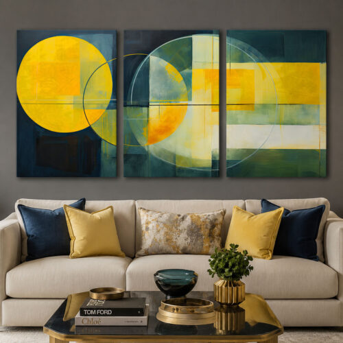 Sarı Petrol Yeşili Modern Geometrik Kanvas Duvar Tablosu 3'lü Canvas Tablo Seti - VOOV6078