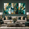 Yeşil Gold Soyut Kanvas Duvar Tablosu 3'lü Canvas Tablo Seti - VOOV6068