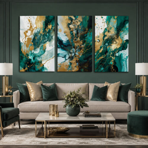 Yeşil Gold Soyut Kanvas Duvar Tablosu 3'lü Canvas Tablo Seti - VOOV6068